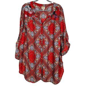 Fig and Flower Boho Red Floral Lace Inset Split V-Neck Button Front Blouse Top